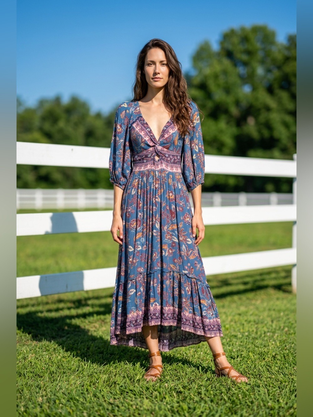 Angie Teal Floral Hi-Low Dress with Puff Sleeves size S - Picture 2 of 12